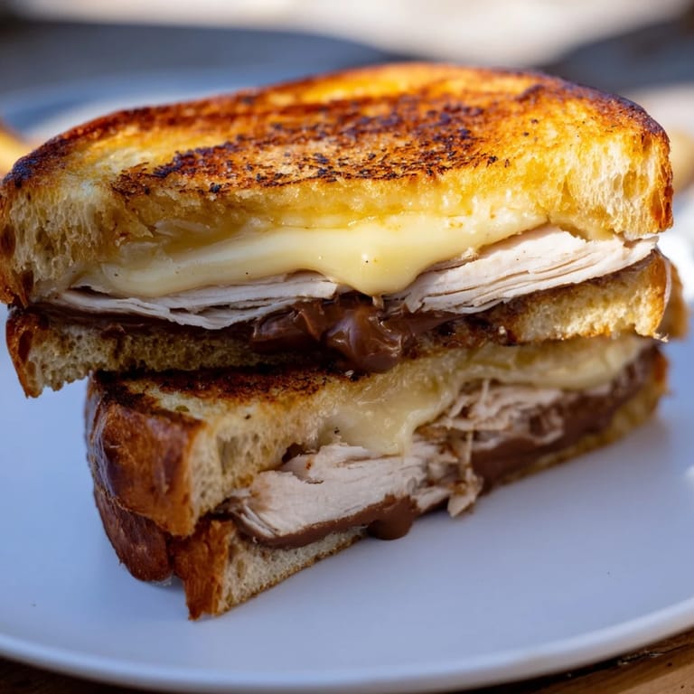 A close-up of a warm Nutella Grilled Cheese with Chicken, ready to eat, with melted cheese oozing.