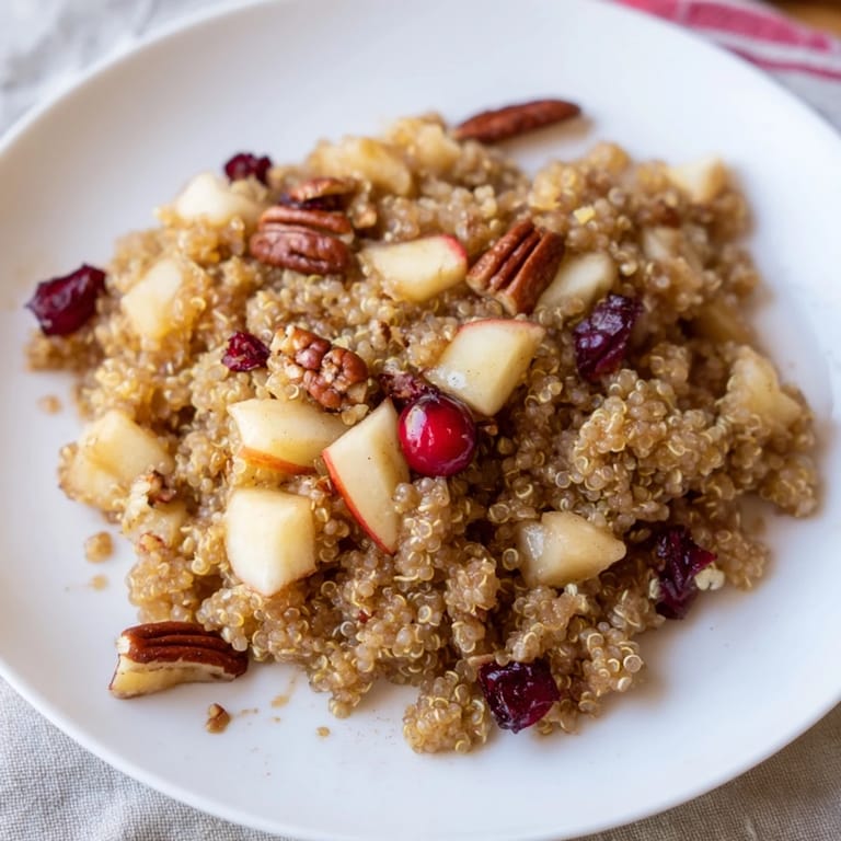 A comforting bowl of Apple Cinnamon Quinoa, featuring soft apples and a cinnamon-kissed, creamy base, ready to enjoy.