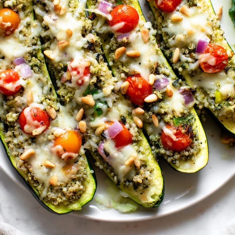 Freshly baked Cheesy Pesto Zucchini Boats feature vibrant pesto filling, topped with melted mozzarella for a delicious meal.