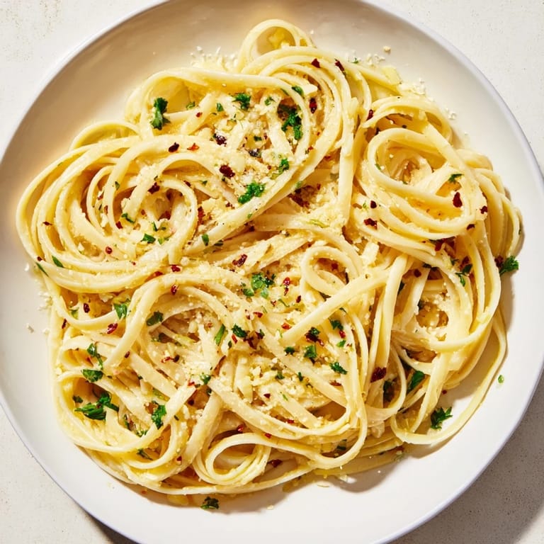 A close-up of creamy garlic butter linguine, sprinkled with fresh parsley and Parmesan cheese.