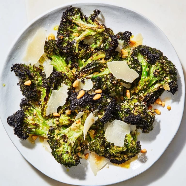Perfect side: Roasted, charred broccoli salad tossed with a flavorful dressing, ready to enjoy.