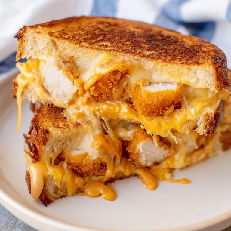 Warm, gooey Chicken Nugget Grilled Cheese slices showing off the satisfying, comforting flavors.