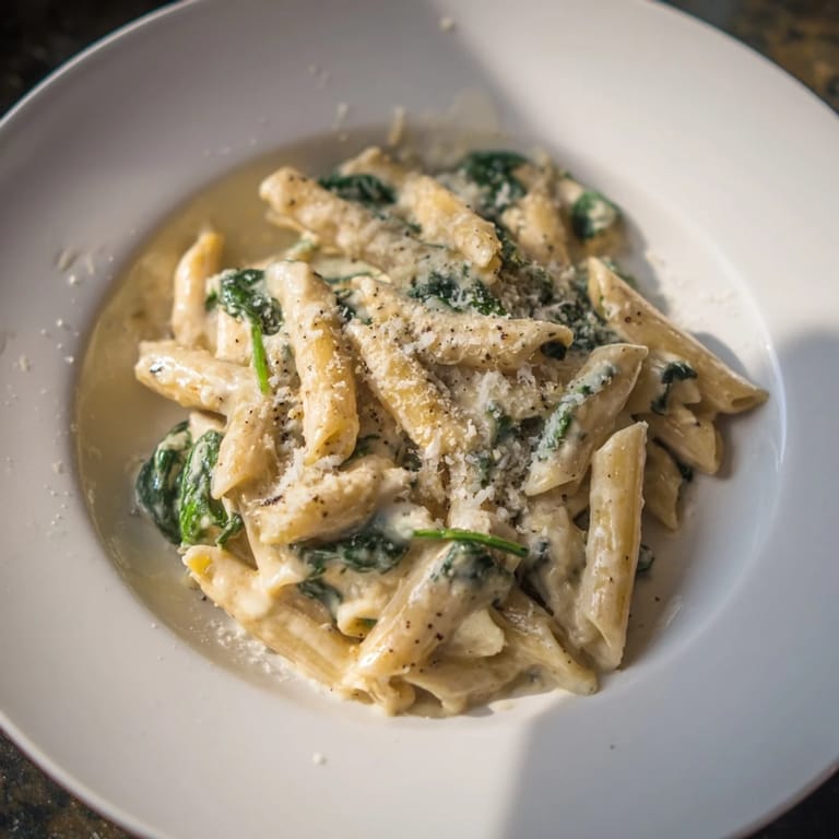 Silky creamy spinach pasta, a vegetarian delight, perfectly plated for a comforting Italian dinner.