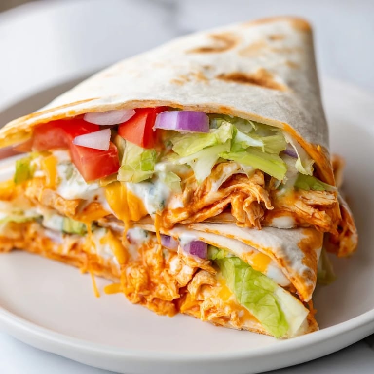 A folded buffalo chicken wrap, showing a creamy ranch drizzle and melted cheese, perfect lunch idea.