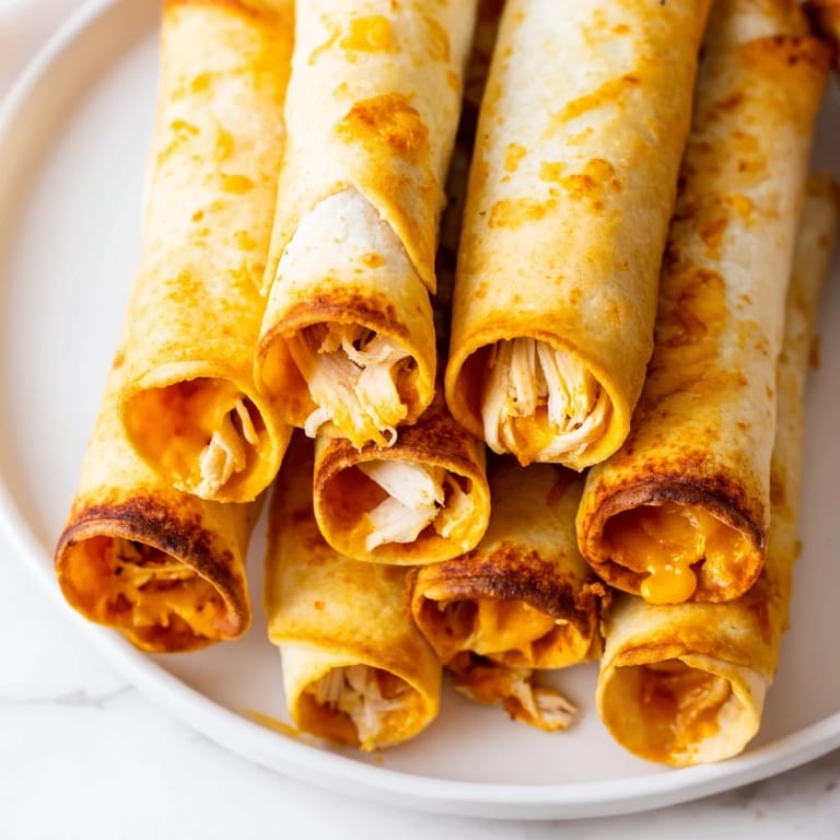 Delicious air fryer taquitos, showcasing the golden-brown tortillas and a peek of the cheesy chicken filling.