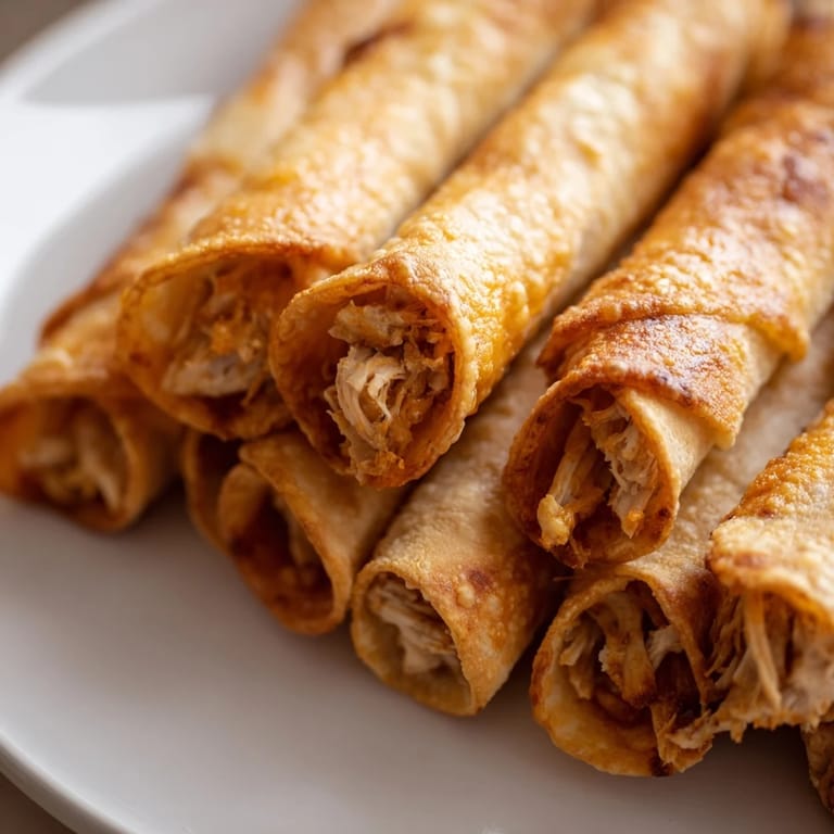 View a close-up of piping hot air fryer taquitos, perfectly rolled for dipping in fresh guacamole and sour cream.