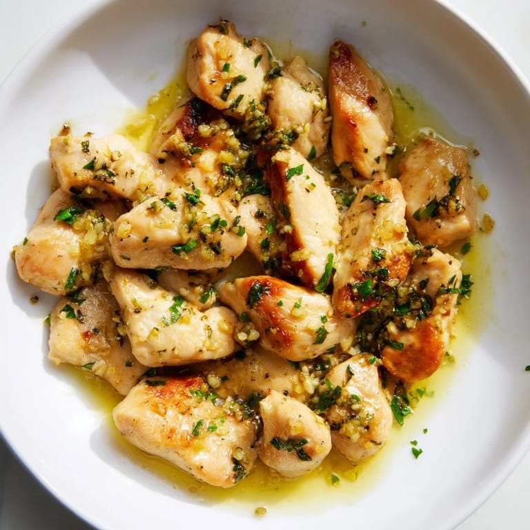 Skillet-seared garlic butter chicken bites, offering a savory aroma, with fresh parsley garnish.