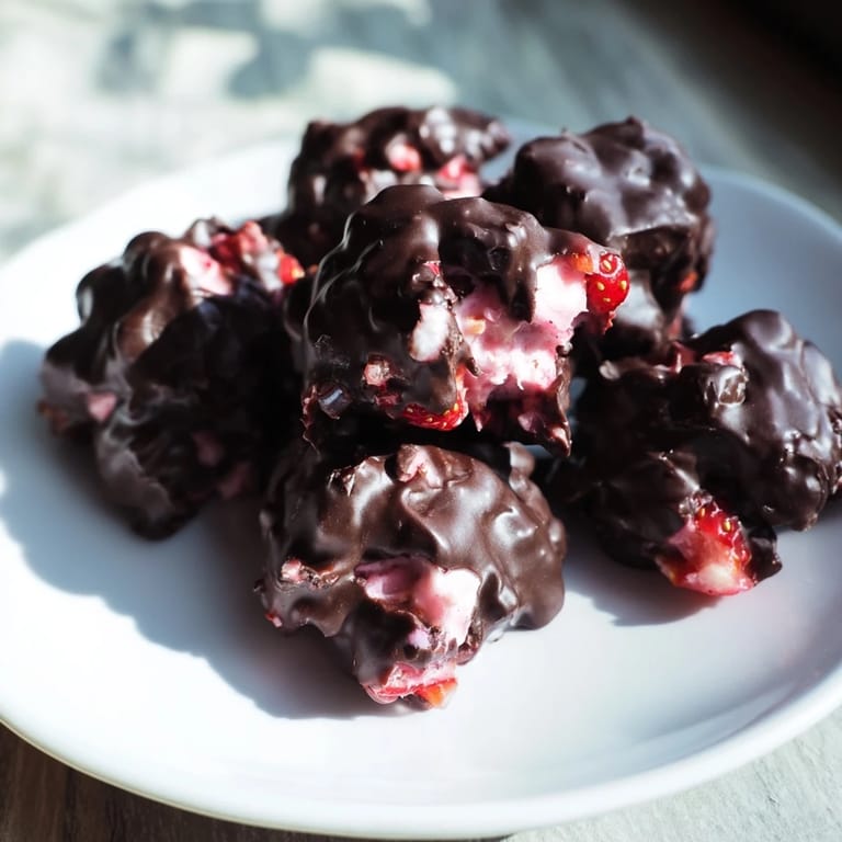 These delicious Strawberry Yogurt Clusters show off a beautiful contrast of white yogurt and rich chocolate.