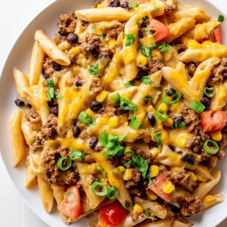 A close-up of hearty Cheesy Taco Pasta, showcasing flavorful seasoned beef and tender pasta shells.