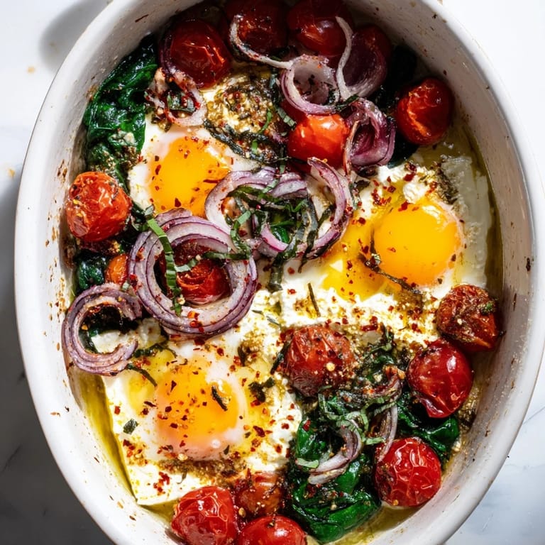 Creamy, soft baked Feta Eggs with vibrant red tomatoes and a sprinkle of fresh herbs for a flavorful Mediterranean breakfast.