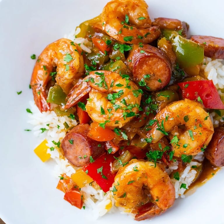 Close-up of a delicious Jambalaya Skillet, with tender shrimp and rich, flavorful sauce.