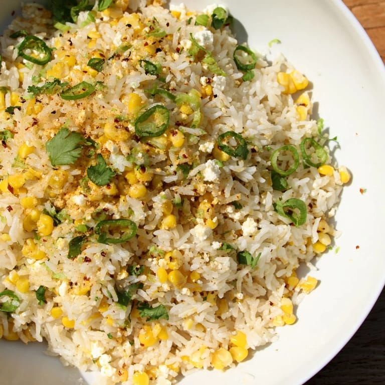 Close-up of Mexican Street Corn Rice with a sprinkle of cheese, zesty lime, and cilantro.