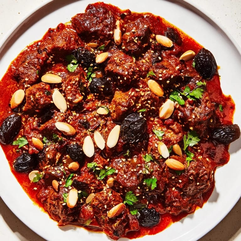 Golden almonds and sesame seeds crown the delicious Moroccan Lamb Tagine, a fragrant, hearty meal.