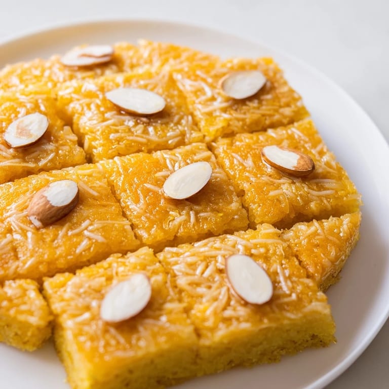 A close-up of a warm Basbousa, an Egyptian coconut semolina cake, glistening with sweet syrup.
