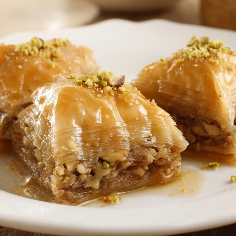 A close-up of freshly baked Turkish Baklava, glistening with syrup and sprinkled with crushed nuts.