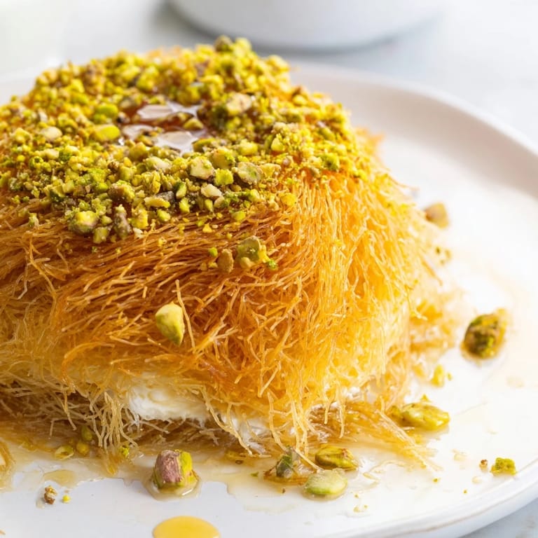 Fragrant orange blossom syrup drizzled over this baked Lebanese Knafeh and pistachio garnish.
