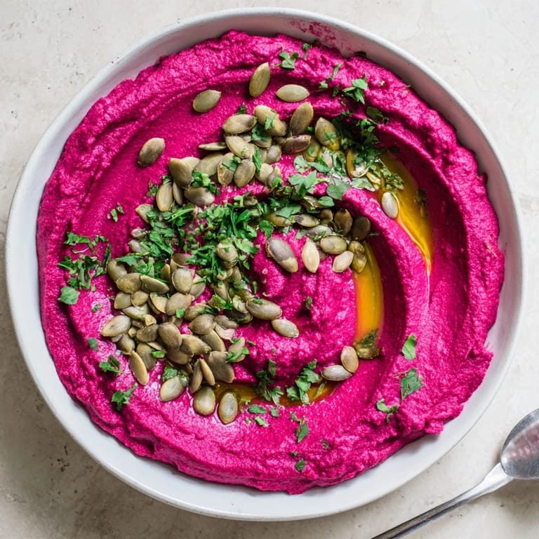 Vibrant pink Beet Hummus made with roasted beets, served in a bowl alongside crunchy vegetable crudités.