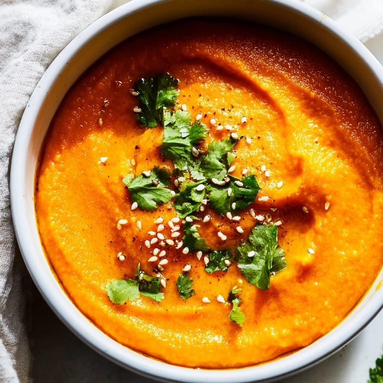 Roasted carrot and ginger dip in a white serving dish, garnished with sesame seeds and a lemon wedge.