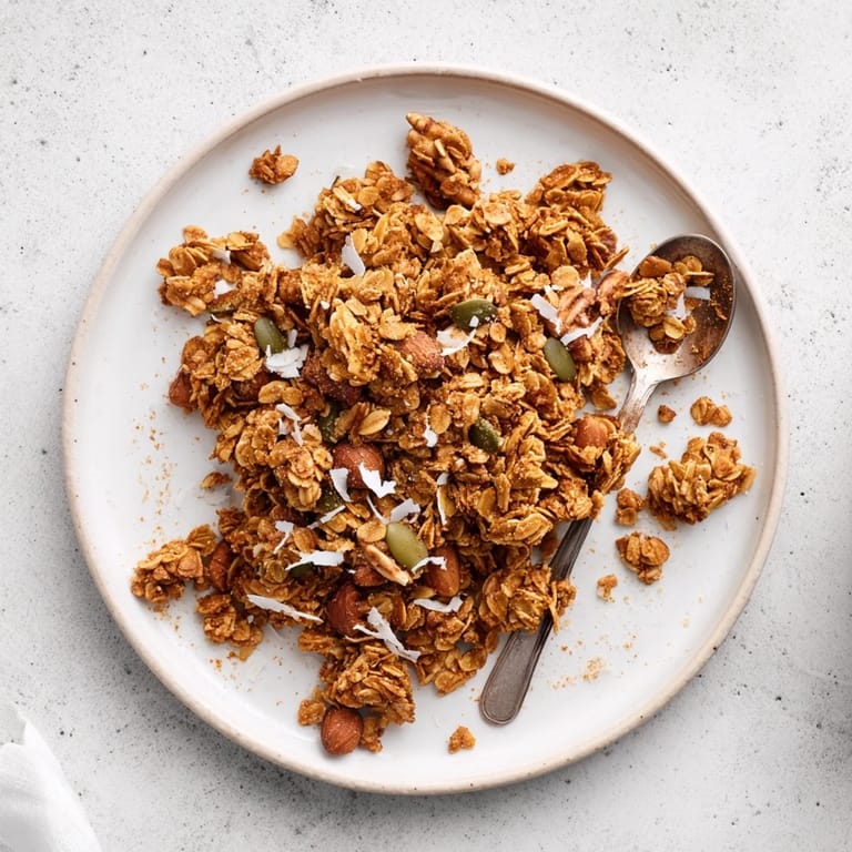 Warm, crunchy homemade granola clusters served in a bowl with milk, fresh berries, and a drizzle of honey.
