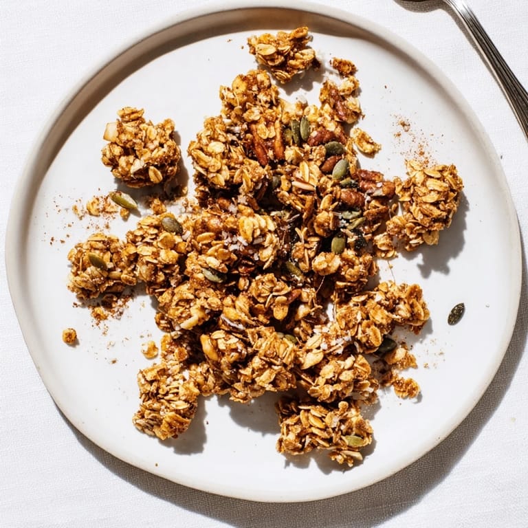 A close-up of golden granola clusters with almonds, pecans, and oats, ideal for topping yogurt or breakfast bowls.  