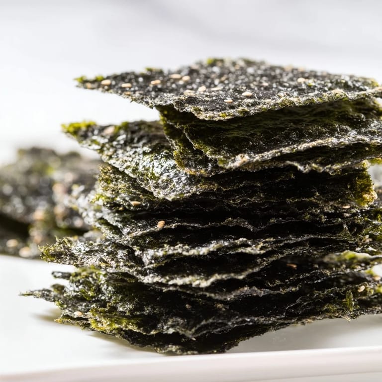 Golden Roasted Seaweed Chips seasoned with oil and salt on parchment.