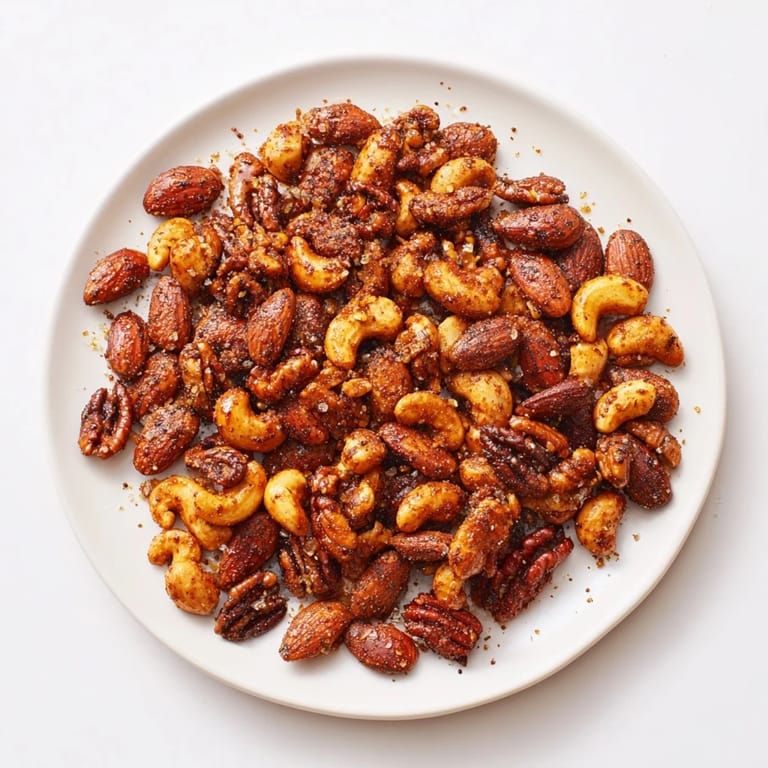 Spiced Nuts Mix served in a rustic ceramic bowl, perfect for snacking or as a crunchy cheese board accompaniment.