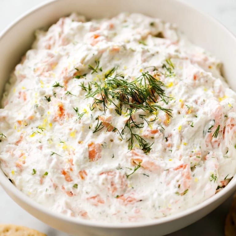 Smooth Smoked Salmon Dip with chunky smoked salmon and herbs, served with crackers and cucumber slices on a wooden board.