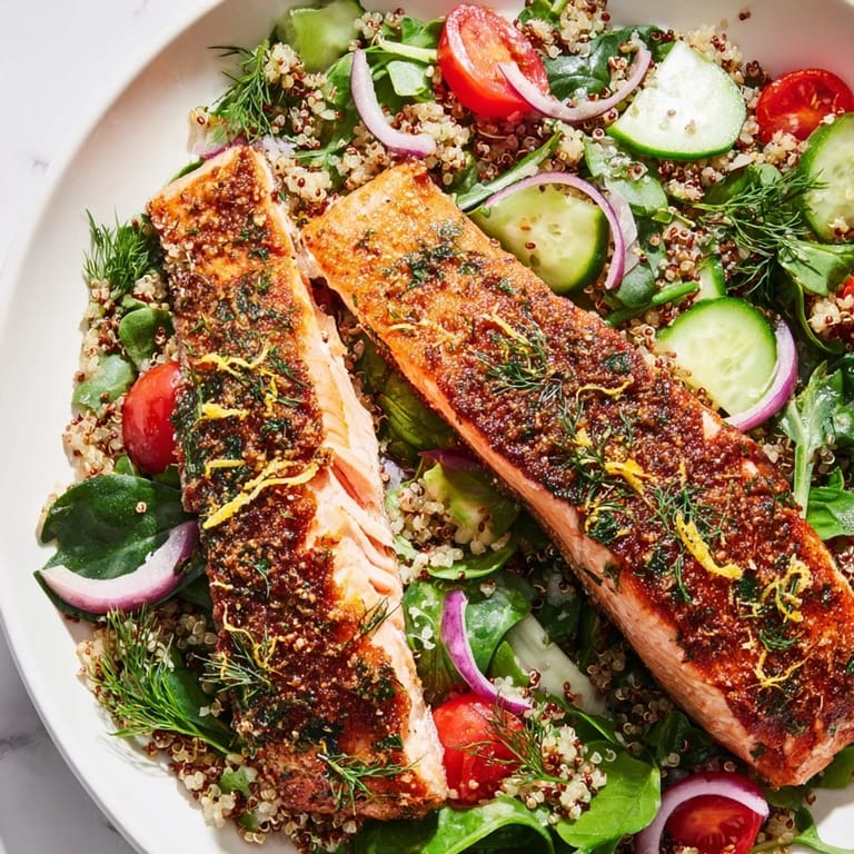 A vibrant Lemon Herb Salmon Salad with fluffy quinoa, crisp greens, cucumber, and red onion tossed in citrus dressing.
