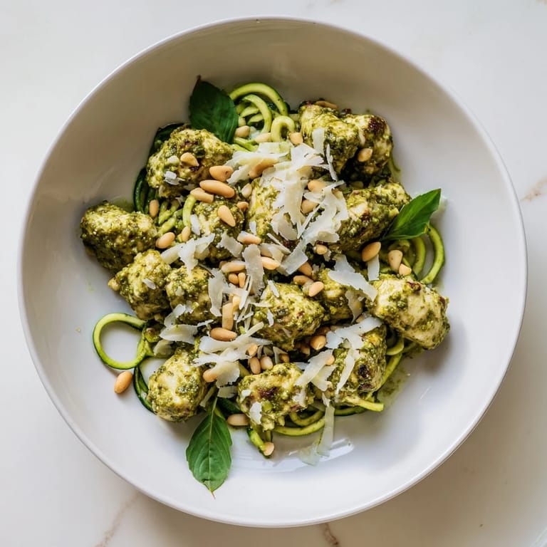 Enjoy the colorful Pesto Zucchini Chicken Bowl with toasted pine nuts and herbs, served as a nutritious gluten-free meal.