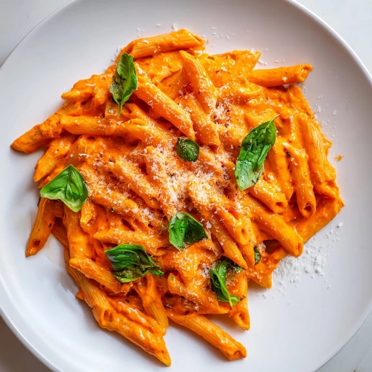 Overhead view of Roasted Red Pepper Pasta, garnished with torn basil and a sprinkle of Parmesan, ready for a vegetarian dinner.