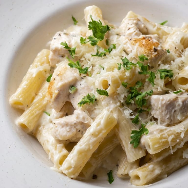 Savory Chicken Alfredo Casserole garnished with parsley, paired with a green salad for a complete Italian-American meal.