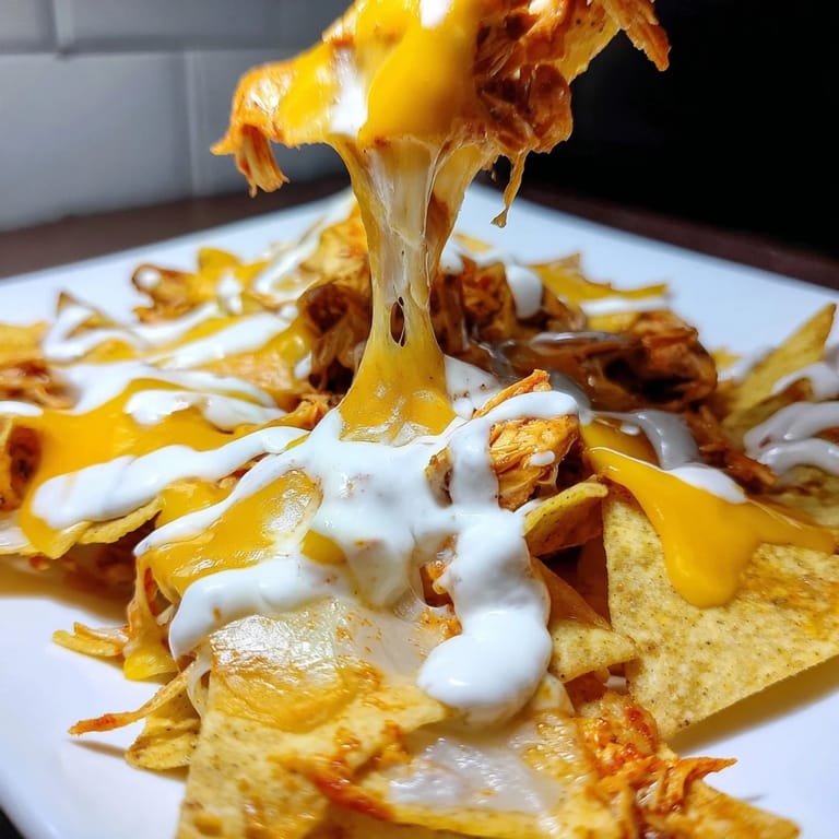 The finished Buffalo Chicken Nachos, baked until golden and bubbling, are topped with a cool ranch drizzle, fresh green onions, and diced celery for a perfect crunch.