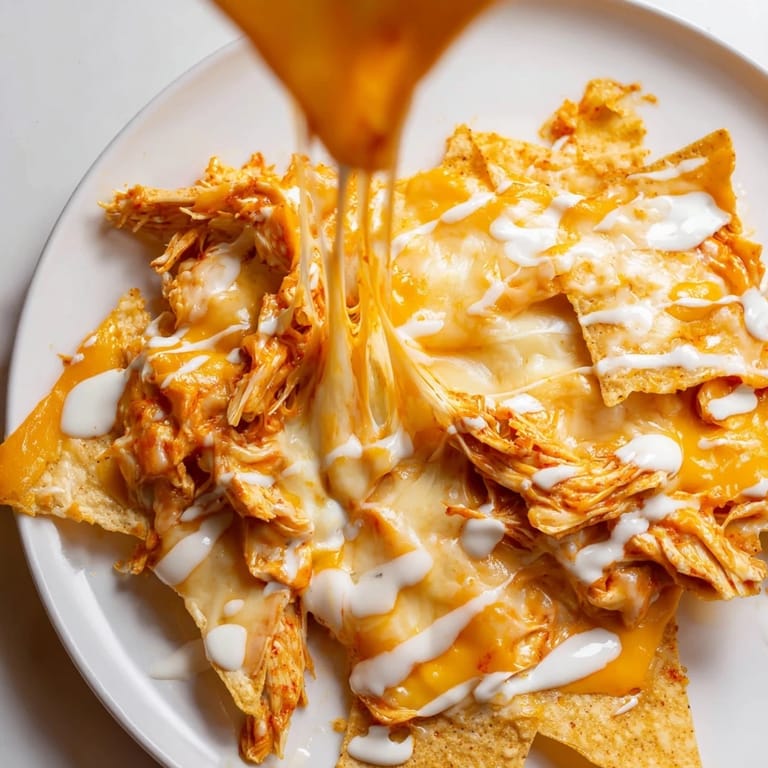 Ready to serve, these Buffalo Chicken Nachos are piled high on a platter, featuring vibrant tomatoes and cilantro, ideal for a game day appetizer or casual gathering.