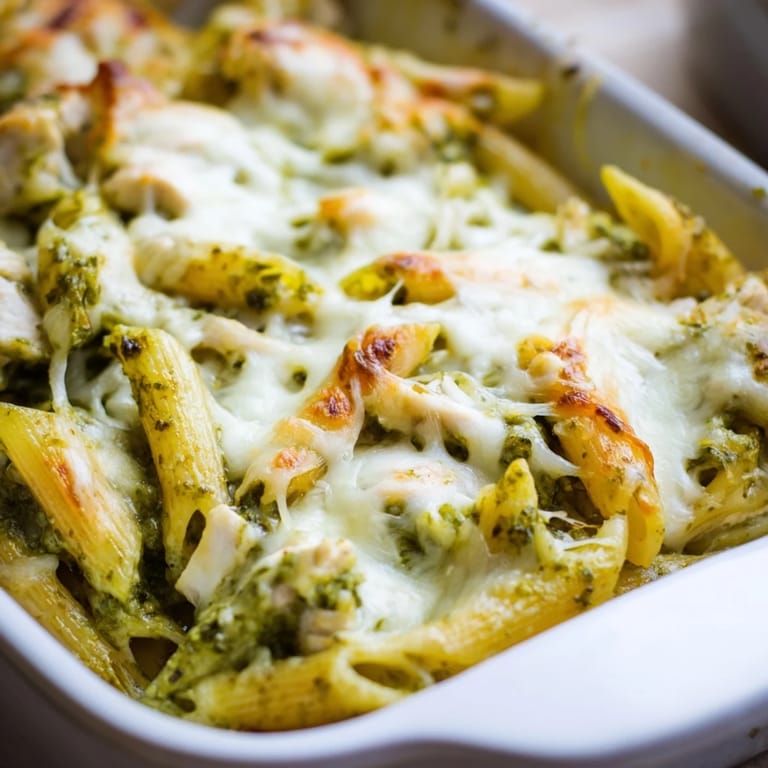 Freshly baked Pesto Chicken Pasta Bake in a dish, served with garlic bread and a crisp salad.