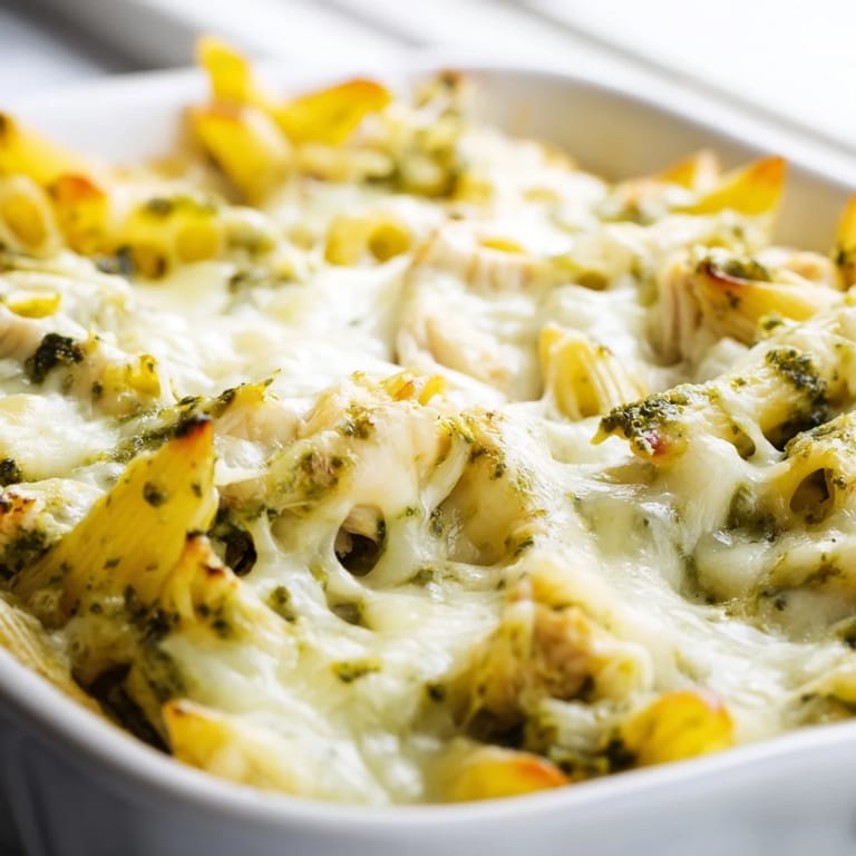A hearty Pesto Chicken Pasta Bake, loaded with tender chicken, penne pasta, and vibrant green pesto.