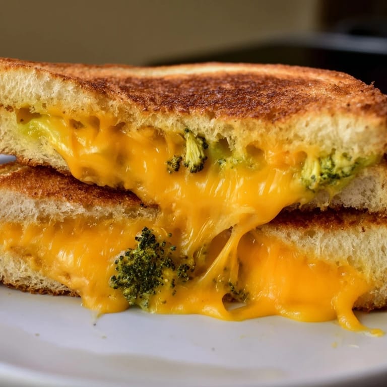 A close-up view of the Roasted Broccoli & Cheddar Grilled Cheese, showcasing the oozing sharp cheddar and tender, caramelized broccoli nestled inside buttery bread.