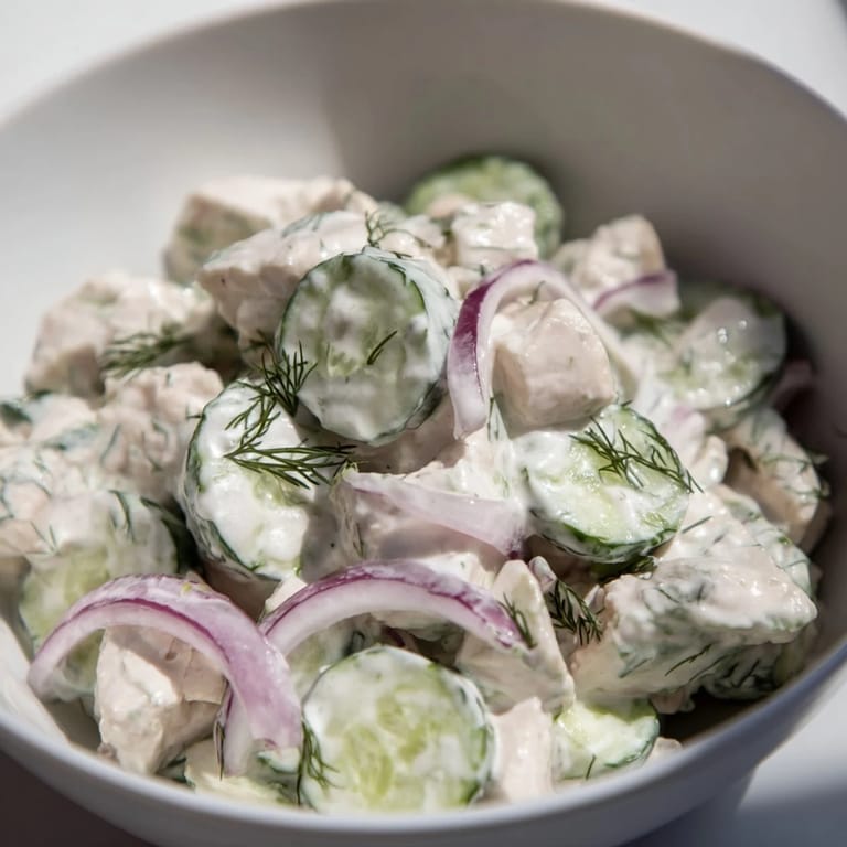 Overhead shot of Creamy Cucumber Chicken Salad served on a rustic wooden table, featuring vibrant cucumber ribbons, diced chicken, and a sprinkle of dill for a refreshing summer lunch.