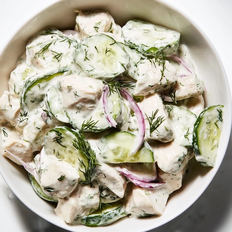 Platter of Creamy Cucumber Chicken Salad with colorful red onion slivers and a side of whole-grain crackers, perfect for a high-protein, gluten-free picnic or light dinner.