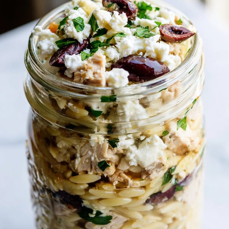 Ready-to-go Greek Pasta Chicken Salad Jars, perfect for meal prep lunches with bright colors, fresh parsley, and creamy feta.