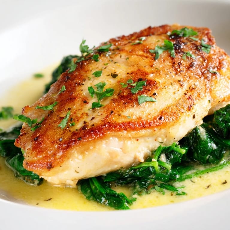 A plated serving of Spinach Lemon Butter Chicken with fresh parsley garnish and lemon slices, ready for a weeknight dinner.  