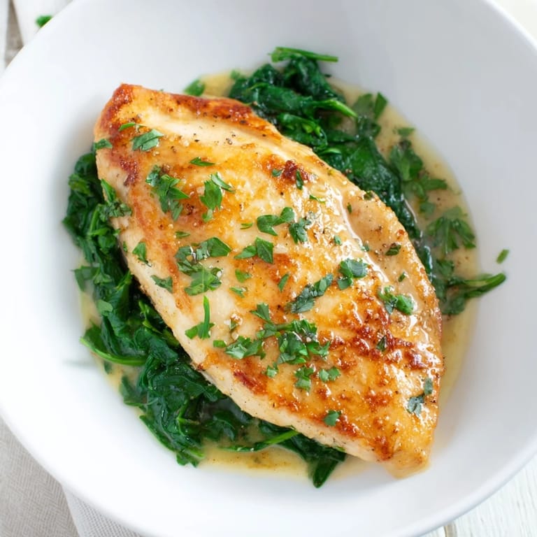 Close-up of Spinach Lemon Butter Chicken showing silky sauce pooling over spinach, with golden-brown chicken cutlets beneath.