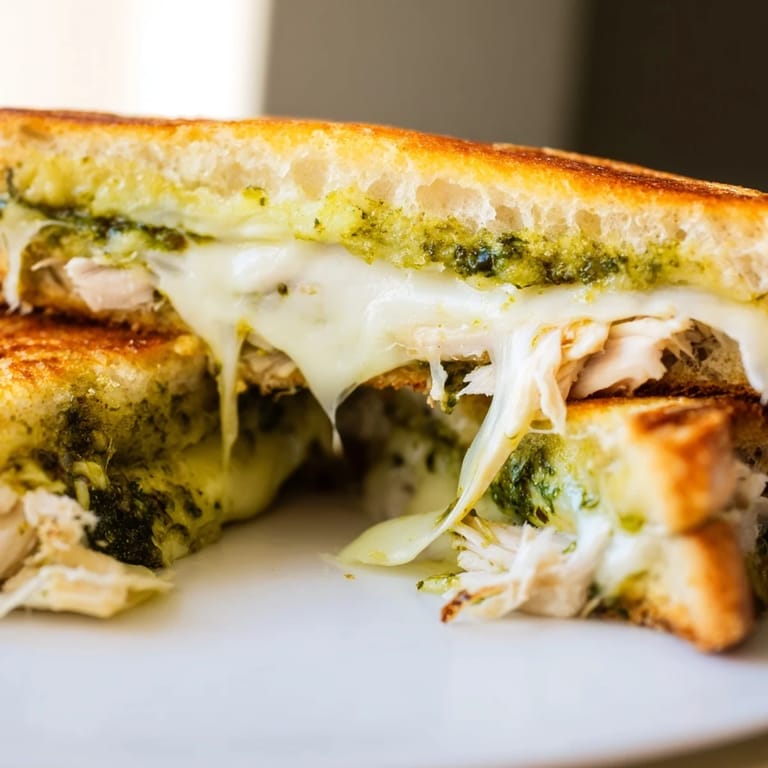 A close-up view of the Mozzarella Pesto Chicken Grilled Cheese, revealing juicy shredded chicken and fresh basil.