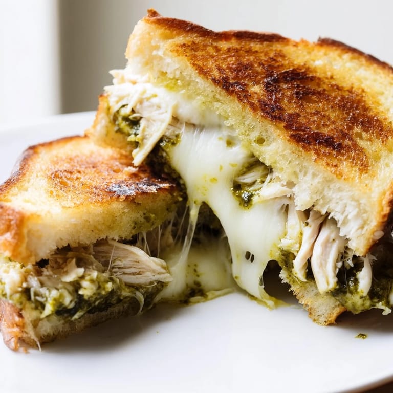 Toasted Mozzarella Pesto Chicken Grilled Cheese sandwich cut diagonally, showcasing layers of melted cheese and pesto inside.