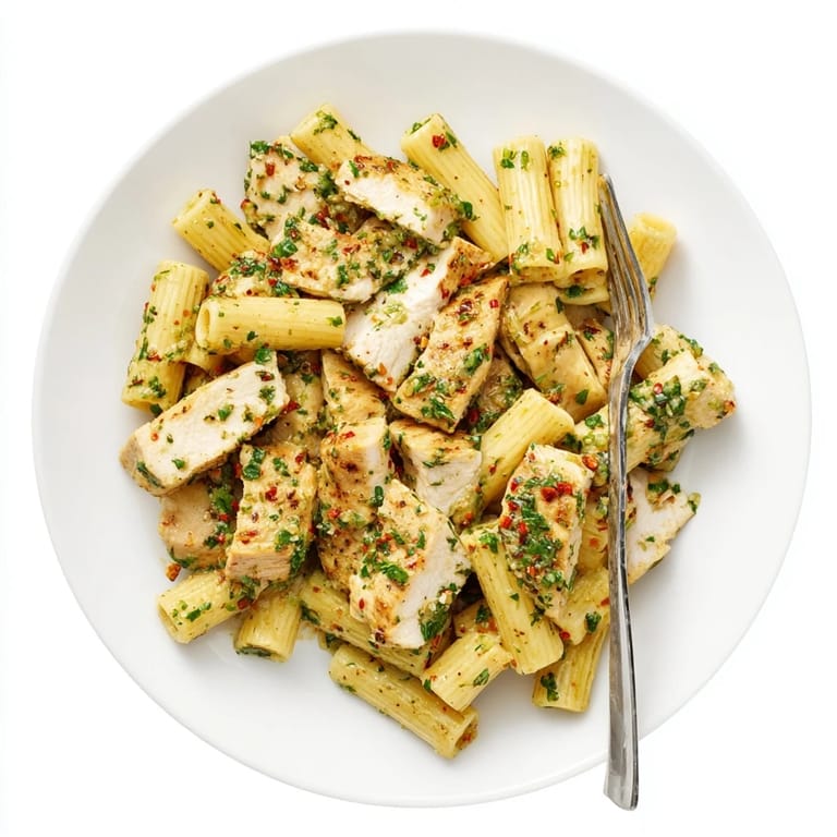 A close-up view reveals tender chicken pieces and glossy pasta coated in herbaceous chimichurri, perfect for a dairy-free weeknight meal.