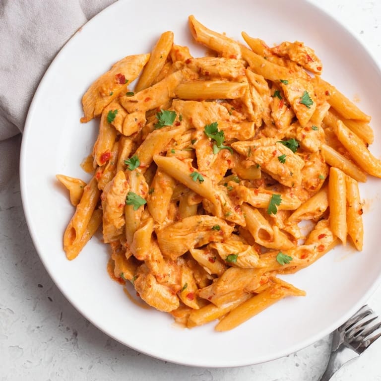 Serving suggestion for Honey Chipotle Chicken Pasta in a rustic bowl, topped with cilantro and extra cheese.