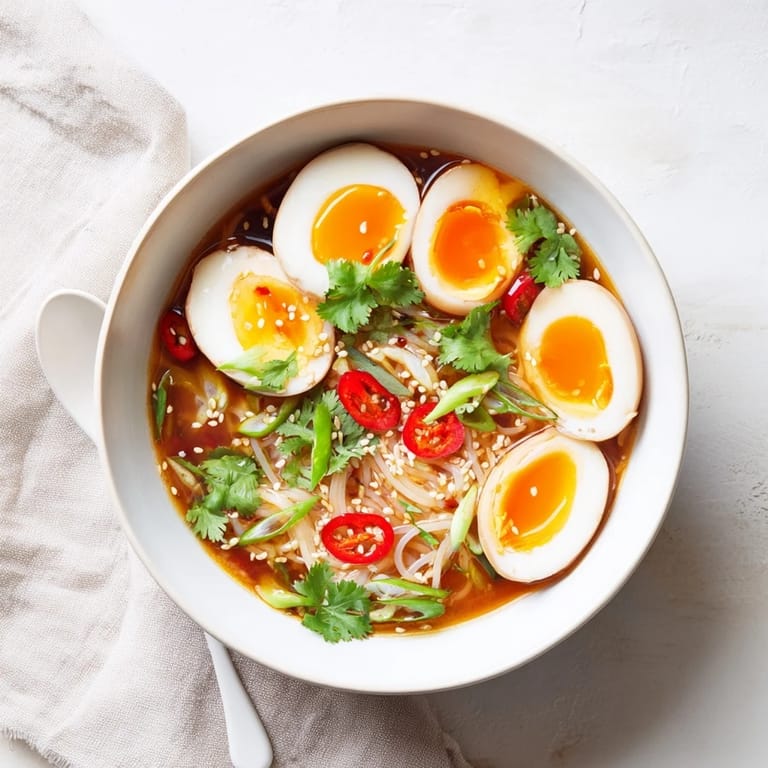 Shirataki noodles in fragrant ginger-garlic broth with sesame seeds and sliced spring onion garnish.  