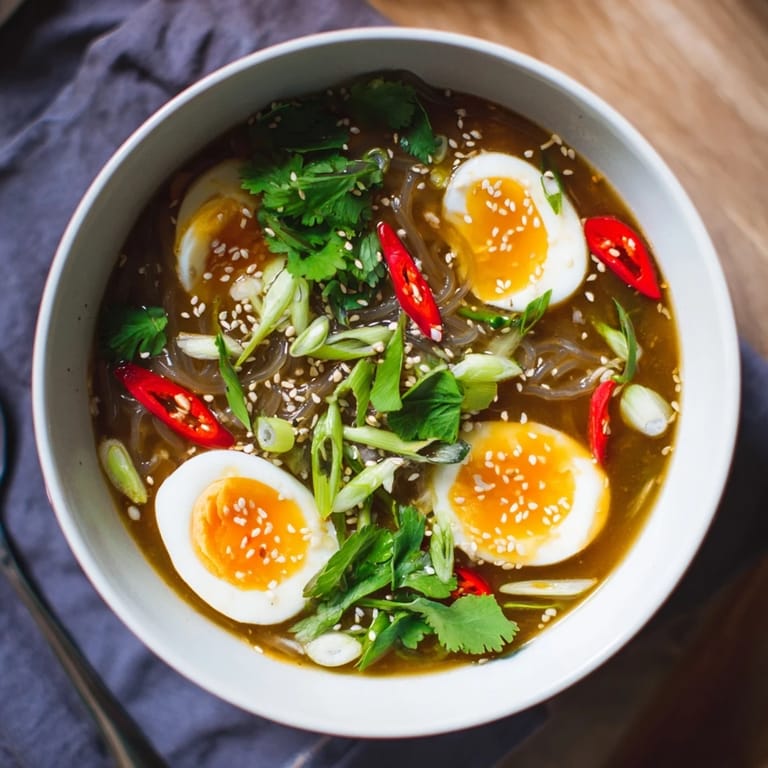 Serving suggestion for shirataki noodles in rich bone broth with egg halves and fresh cilantro.