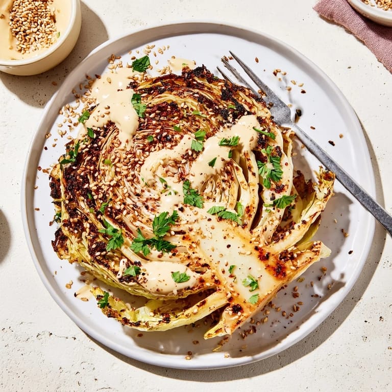 Crispy roasted cabbage steaks drizzled with tahini and topped with fresh parsley and toasted sesame seeds for a savory side.
