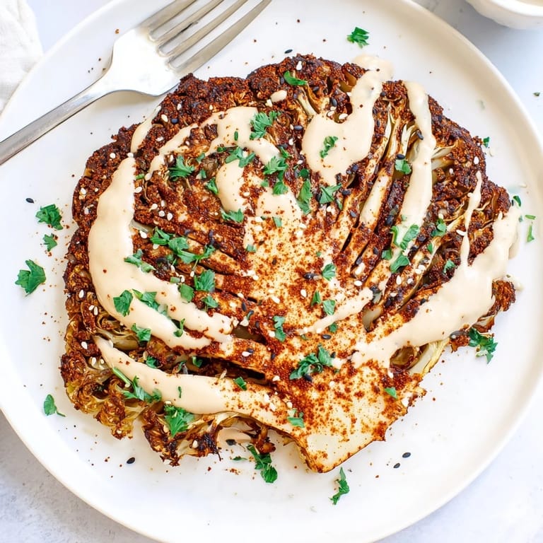 Vegan roasted cabbage steaks featuring caramelized edges, a creamy tahini drizzle, and fresh parsley garnish on a serving platter.  