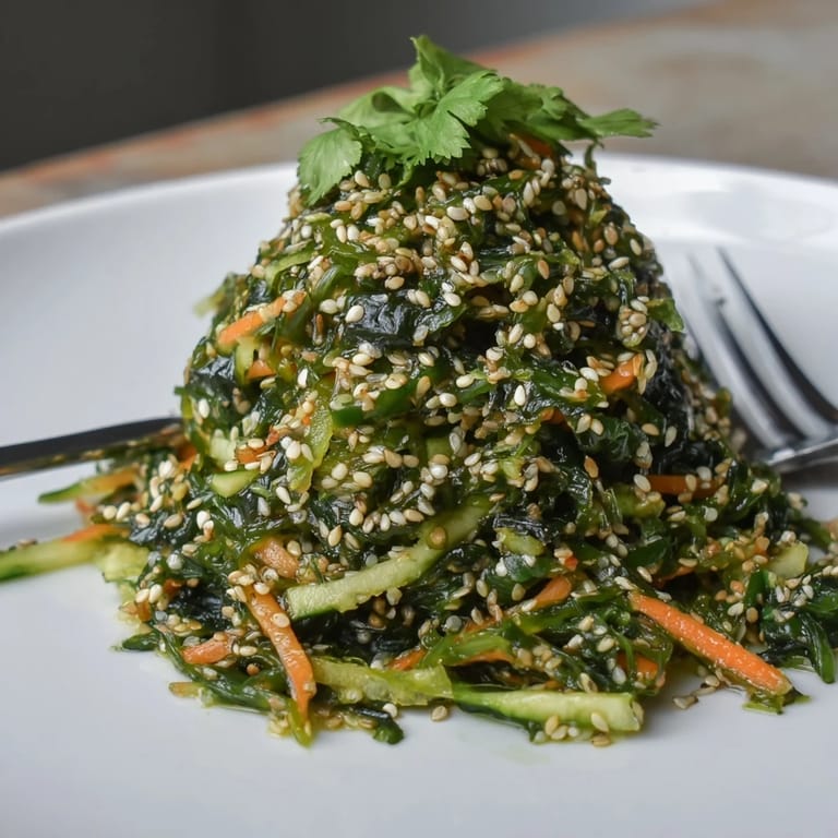An overhead view of Seaweed Salad served alongside chilled green tea, highlighting the colorful medley and fresh cilantro garnish.